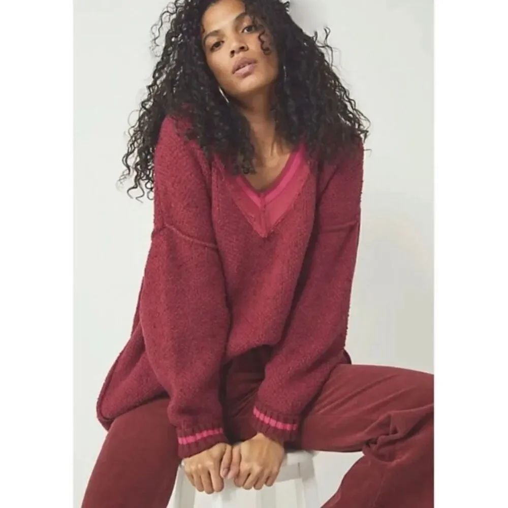 Free People Steffie V Neck Pullover Oversized Chunky Sweater Small